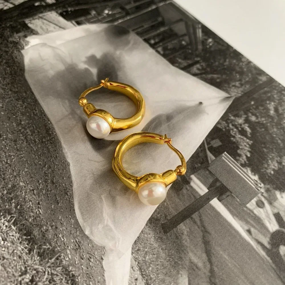 NEW 18K Gold Plated Pearl Hoop Earrings